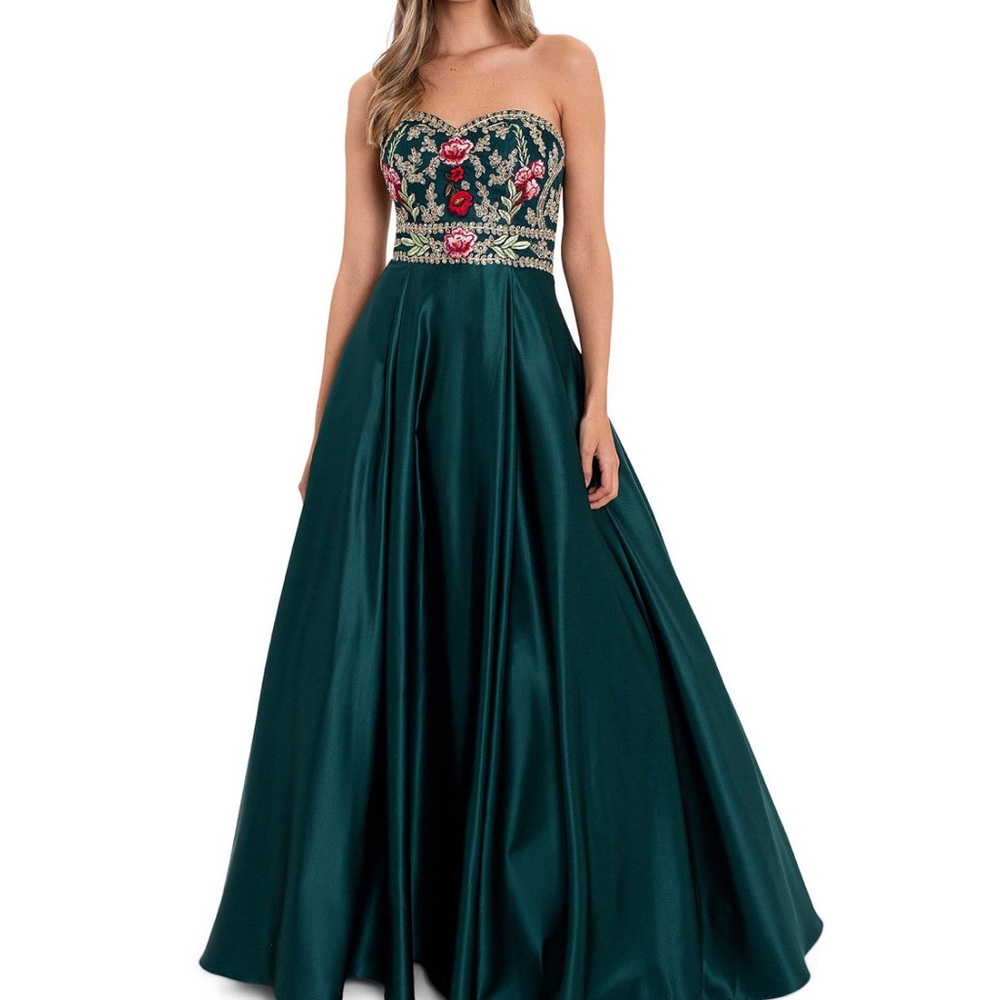Blondie Nites Strapless Teal Gown with Floral Embroidery